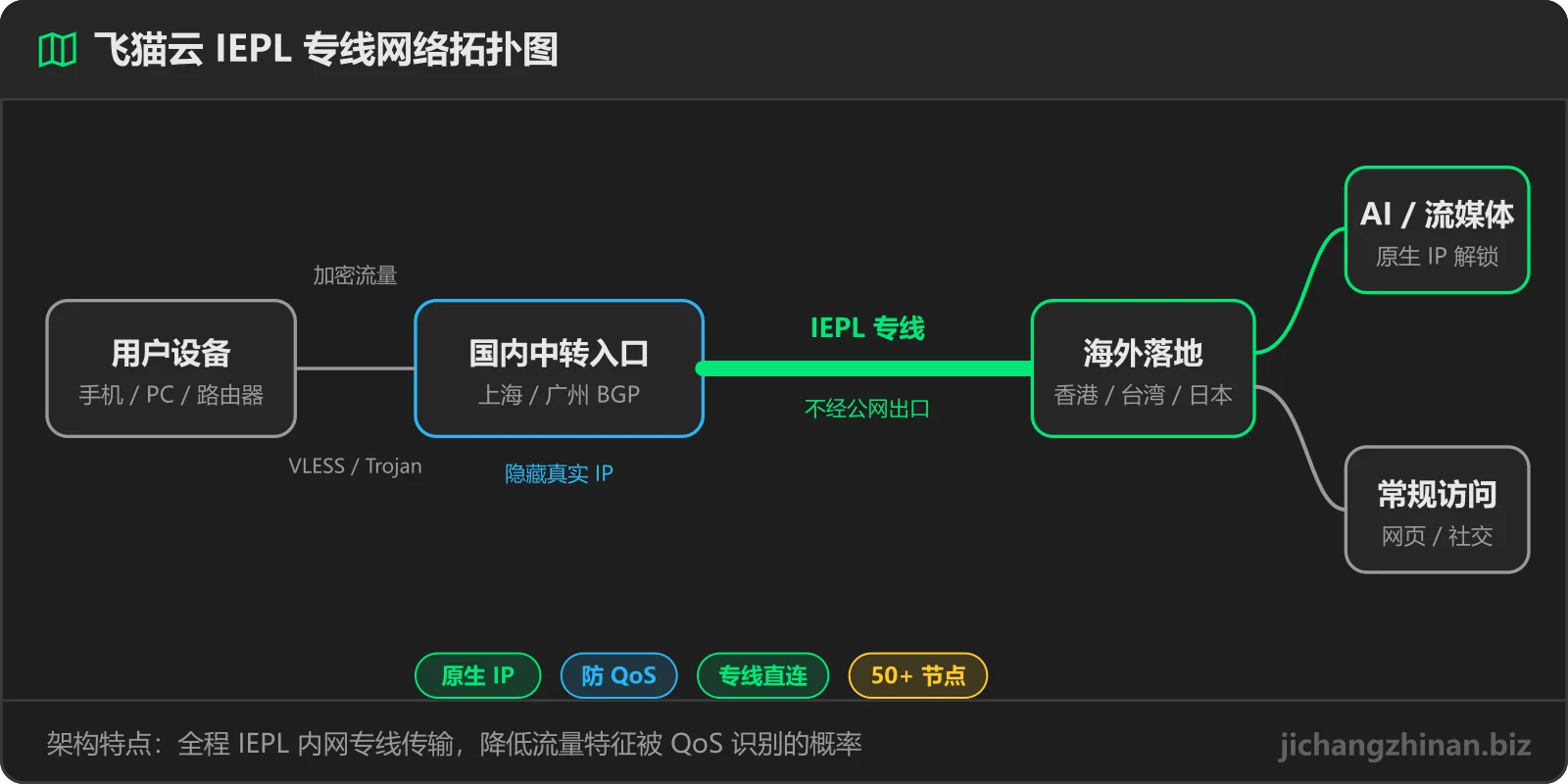 飞猫云IEPL 专线网络拓扑图：用户设备 → 国内入口 → 专线 → 海外落地（香港/台湾/日本）→ AI 与流媒体原生 IP 解锁
